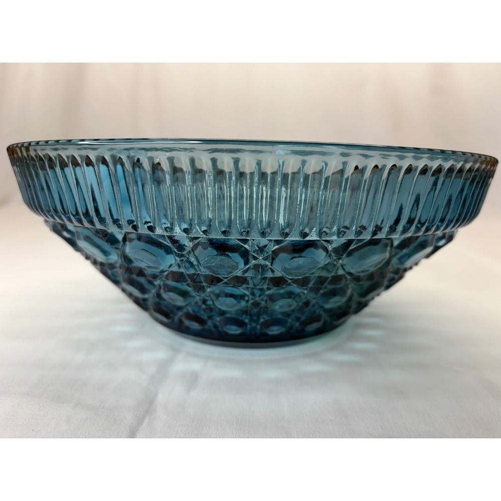 Vintage Indiana Windsor Blue Carnival Glass Fruit Bowl Button and Cane 10.25"